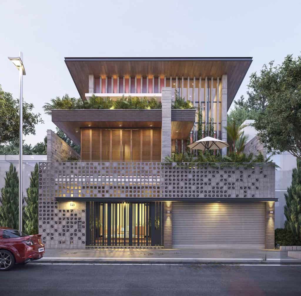 Biệt thự mini 2 tầng có gara để xe với kiến trúc lệch tầng độc đáo